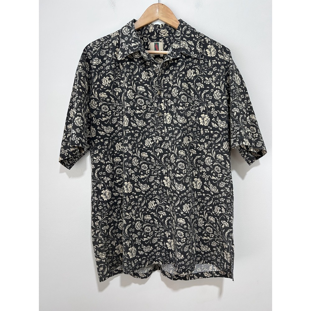 Tori Richard Honolulu Mens Large Black Floral Popover Hawaiian Shirt Lightweight